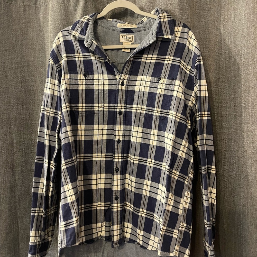 L.L. Bean Large Blue/White Plaid long sleeve flannel button down.